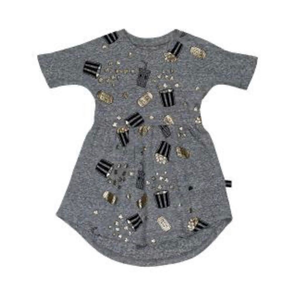 Huxbaby Gray Gold Black Popcorn Graphic Accent Cotton Casual Dress Girl’s Size 6
